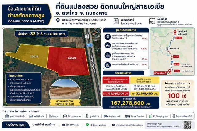 ขายที่ดินศักยภาพสูง 32 ไร่ 3 งาน 40.80 ตารางวา ติดถนนมิตรภาพ (AH12)  ตำบลสระใคร อำเภอสระใคร จังหวัดหนองคาย