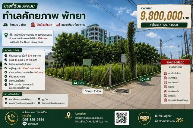 ขายที่ดินแปลงมุม ทำเลศักยภาพ พัทยา ติดถนน 2 ด้าน ผังเมืองสีแดง เหมาะพัฒนาโครงการ