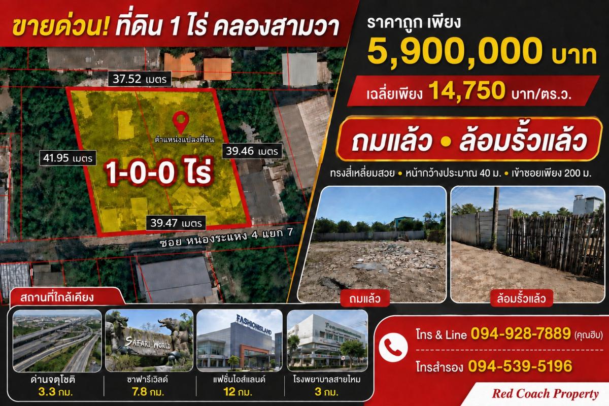 ขายด่วน ที่ดิน 1 ไร่ ถมแล้วพร้อมล้อมรั้ว คลองสามวา ทรงสี่เหลี่ยมสวย ใกล้ทางด่วนจตุโชติ Tel.0949287889