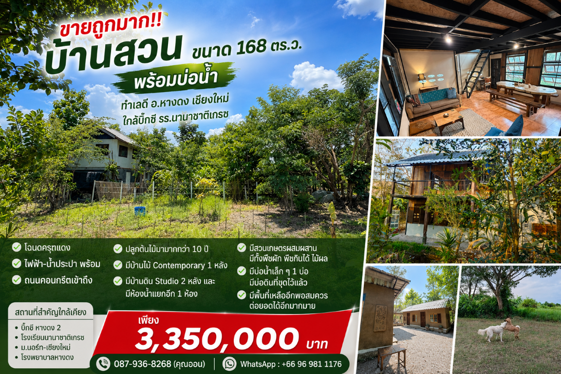 ขายถูกมาก!! บ้านสวน ขนาด 168 ตร.ว. พร้อมบ่อน้ำ ทำเลดี อ.หางดง เชียงใหม่ ใกล้บิ๊กซี โรงเรียนนานาชาติฯ