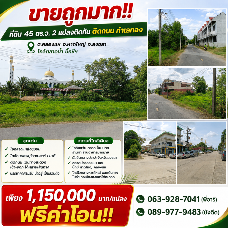 ขายถูกมาก!! ที่ดิน 45 ตร.ว. 2 แปลงติดกัน ติดถนน ทำเลทอง ต.คลองแห อ.หาดใหญ่ จ.สงขลา ใกล้ตลาดน้ำ บิ๊กซีฯ