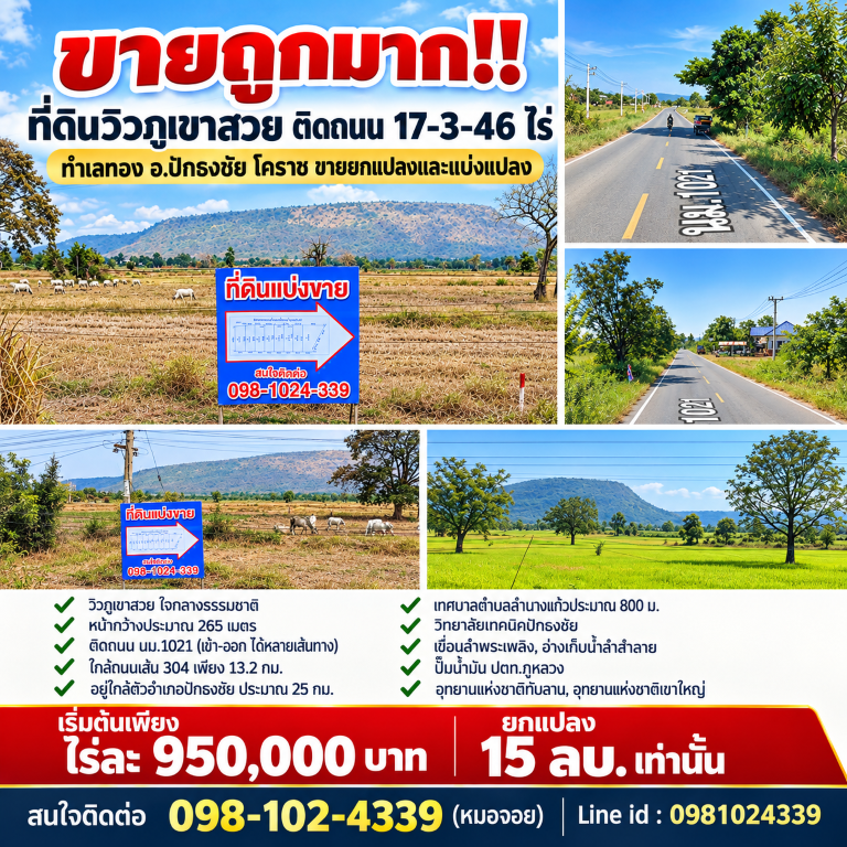 ขายถูกมาก!! ที่ดินวิวภูเขาสวย ติดถนน 17-3-46 ไร่ ทำเลทอง อ.ปักธงชัย โคราช ขายยกแปลงและแบ่งแปลง