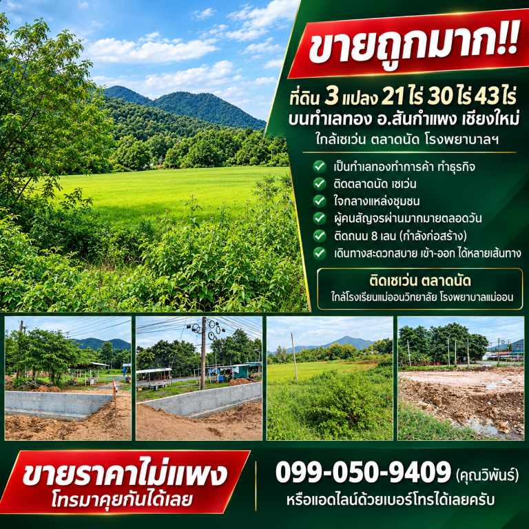 ขายถูกมาก!! ที่ดิน 3 แปลง 21ไร่ 30ไร่ 43ไร่ บนทำเลทอง อ.สันกำแพง เชียงใหม่ ใกล้เซเว่น ตลาดนัด โรงพยาบาลฯ