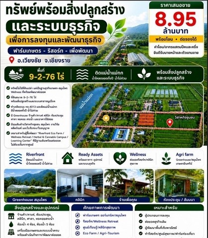 ขายที่ดินพร้อมอาคารธุรกิจ พื้นที่9-2-76ไร่ 8.95ลบ.เหมาะทำรีสอร์ทคาเฟ่ ฟาร์มเกษตร ติดถนนแม่น้ำกก บ้านไตรแก้ว ต.เวียงเหนือ อ.เวียงชัย เชียงราย
